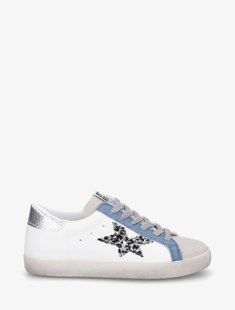 Baskets bi-matière motif étoile fantaisie - Blanc/bleu denim - 1