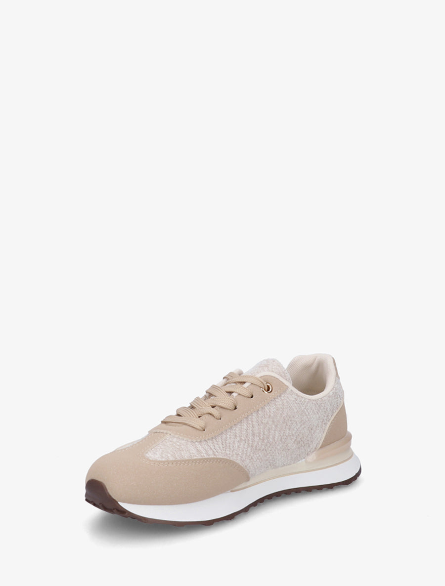 Baskets effet nubuck et tissu empiècement en V - Beige - 3
