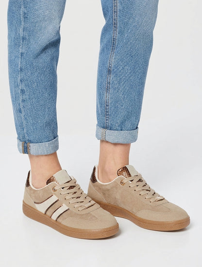 Suède sneakers met strepen en python inzetstukken - Beige