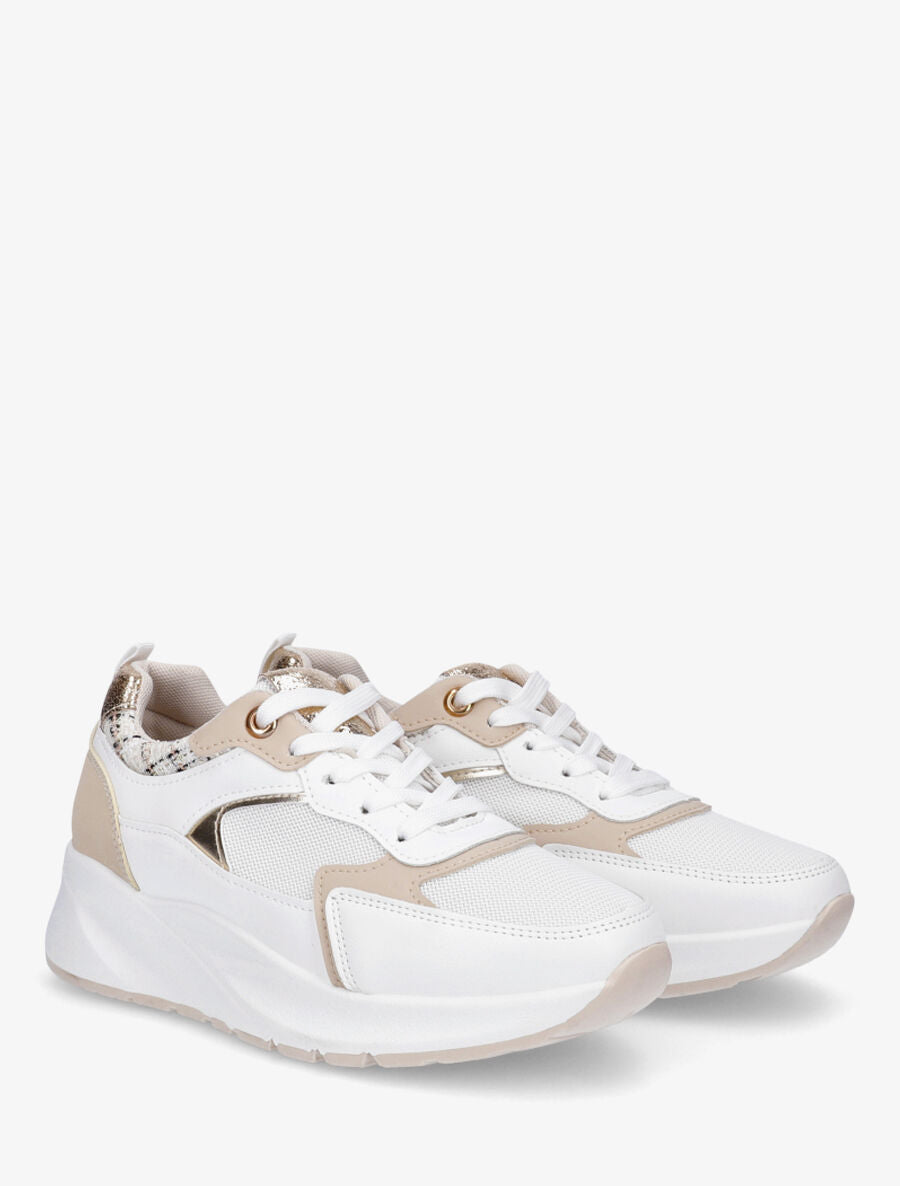 Sneakers à empiècement en tissu et irisés - Beige - 4
