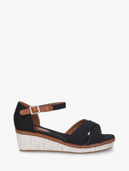 Sandales compensées bride croisées en tissu - Noir - 2