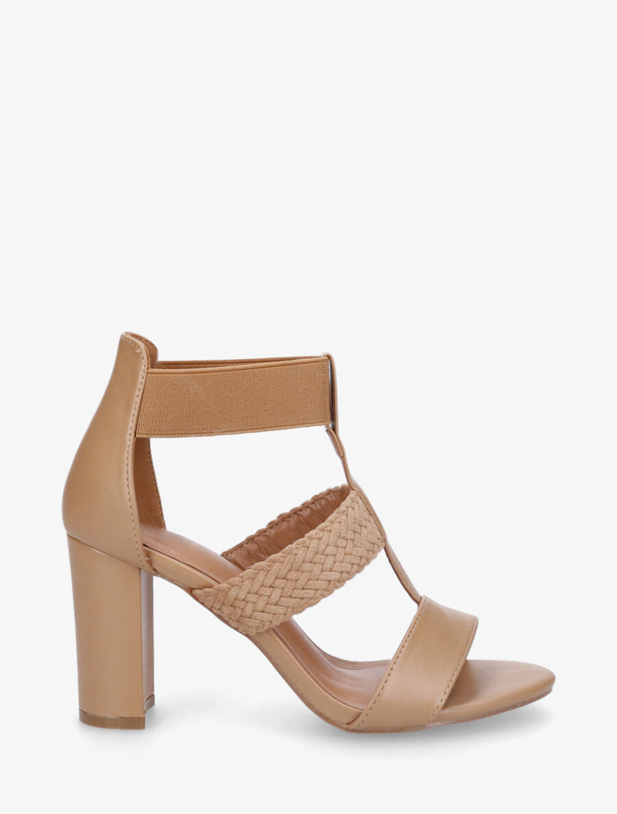 Sandales à talon et bi-matière - Camel - 5