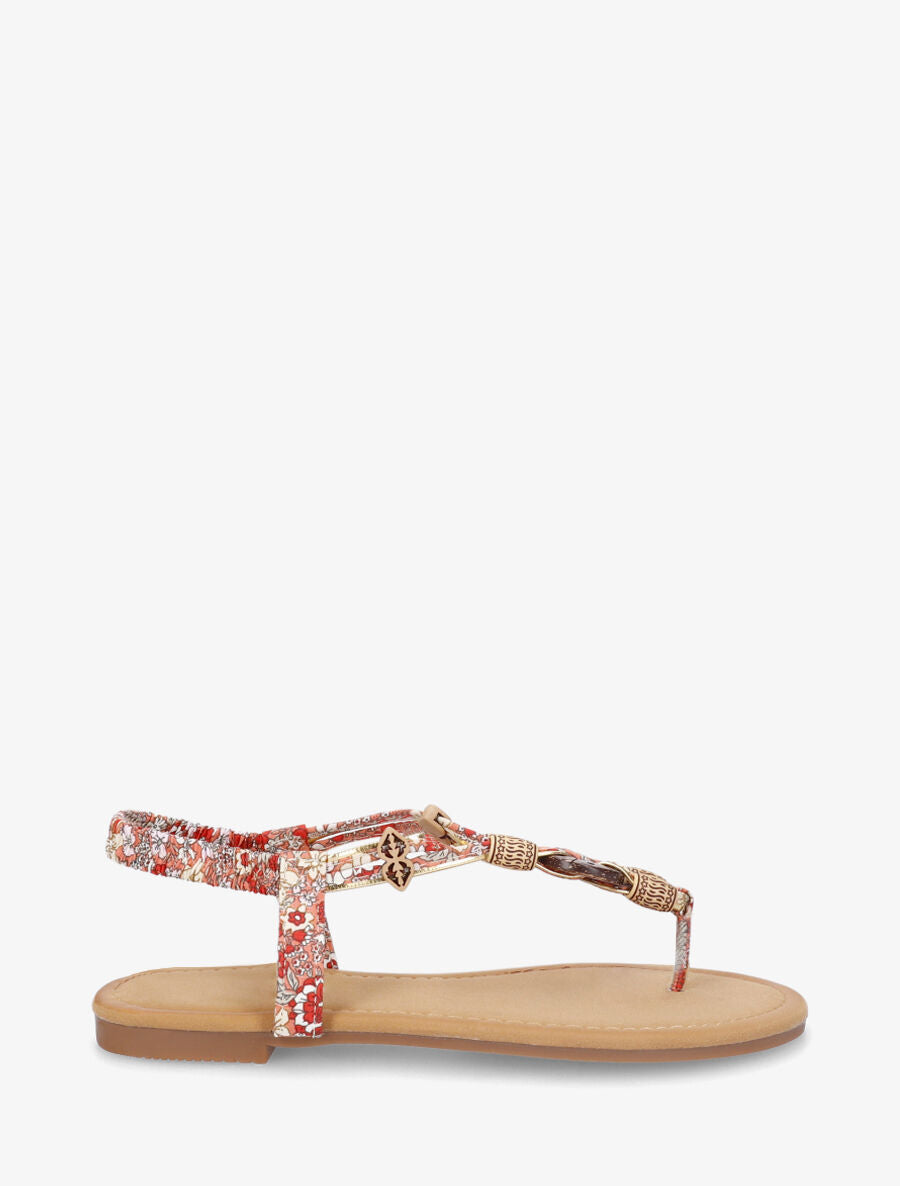 Nu-pieds imprimé fleuri et perles en bois - Rouge - 1
