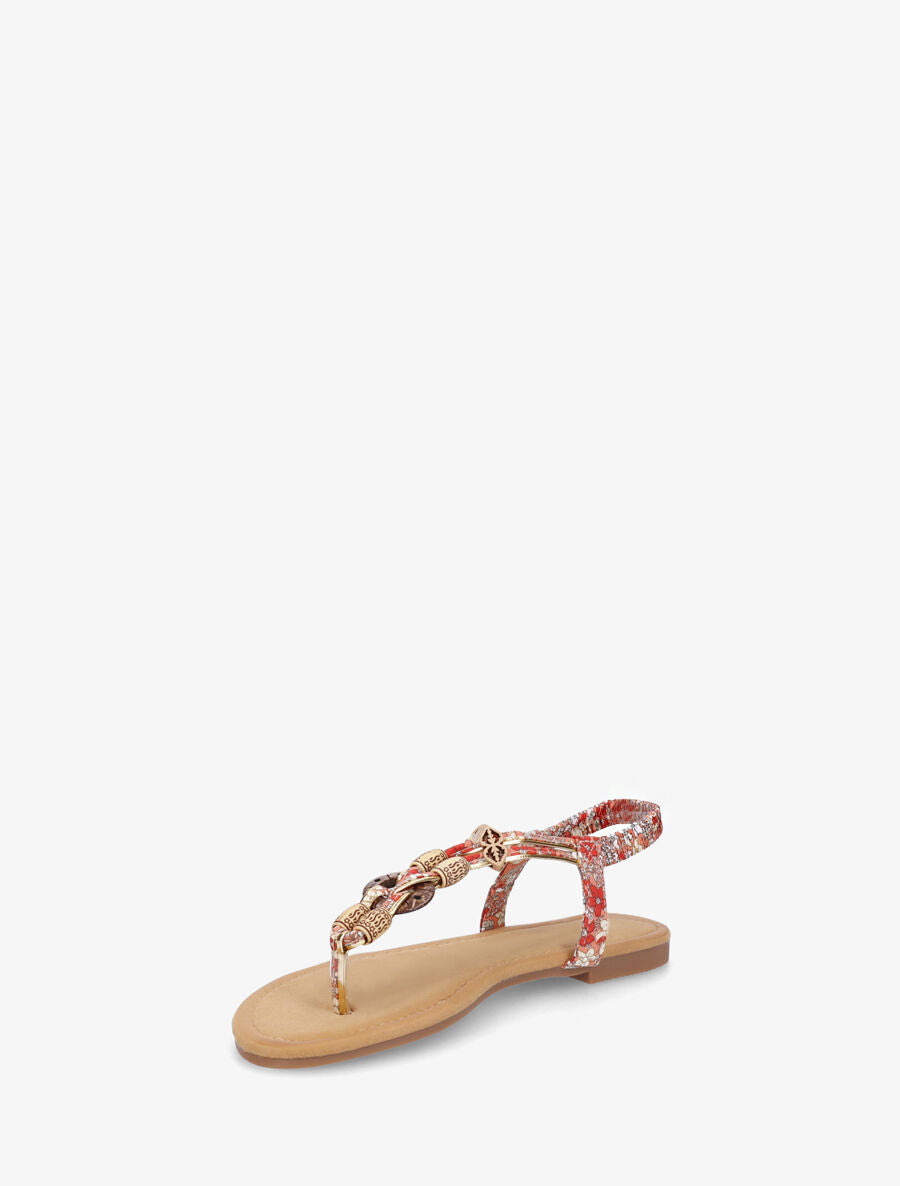 Nu-pieds imprimé fleuri et perles en bois - Rouge - 3