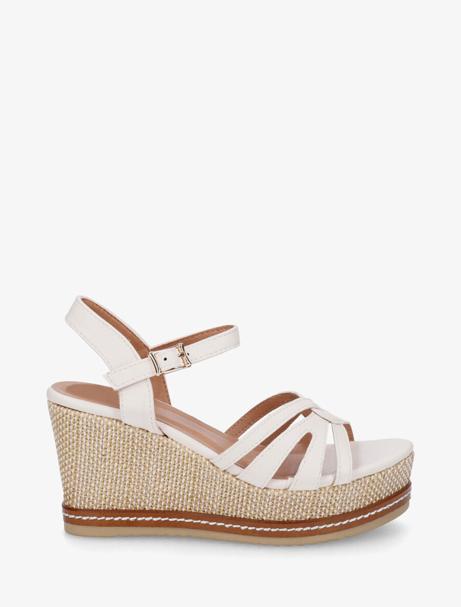 Sandales en simili à talon compensé tissé - Beige - 5