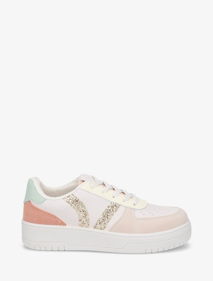 Sneakers à lacets et bandes à paillettes - Beige - 5