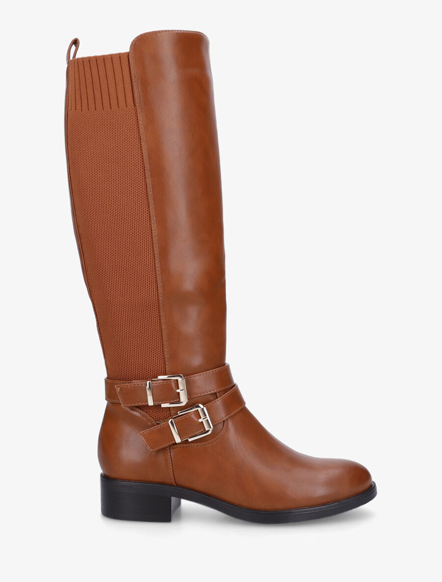 Bottes à talon en simili et tissu - Camel - 5