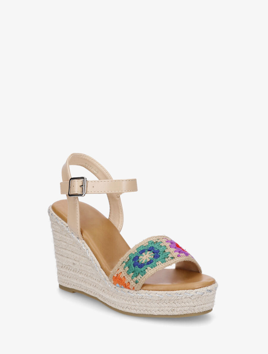 Sandales compensées à bride imprimé floral - Beige - 2