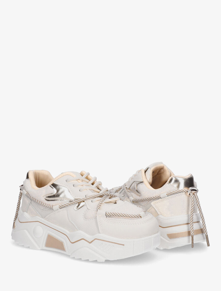 Baskets compensées à lacets stylisés - Beige - 4