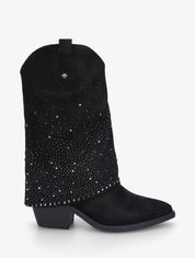 Bottines style santiags à revers strassé - Noir - 1