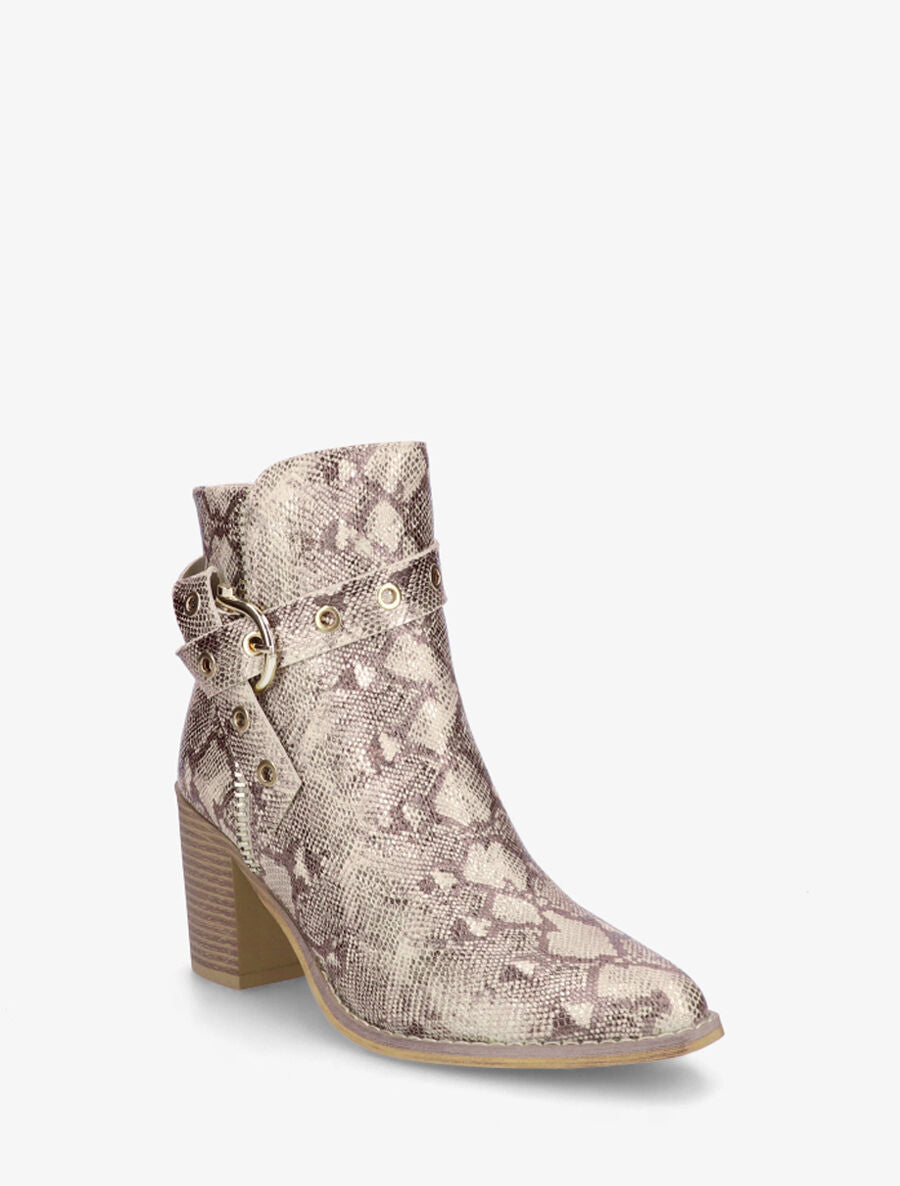 Bottines imprimé python à talon - Beige - 2