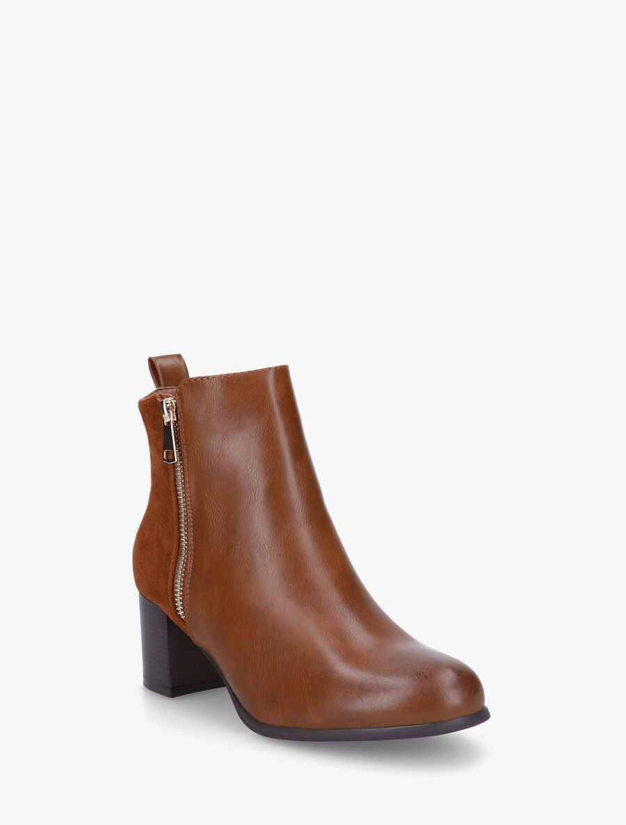 Bottines en simili et suédine à zip décoratif - Camel - 2