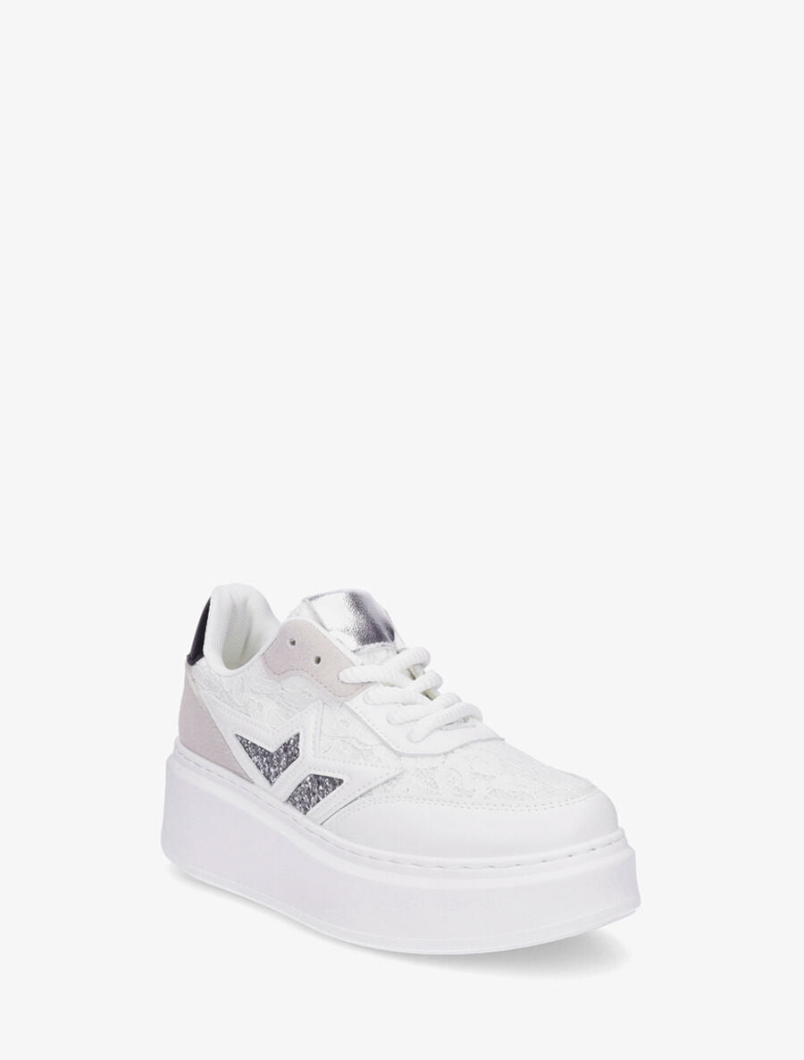 Sneakers en simili à détail dentelle et sequins - Blanc - 2