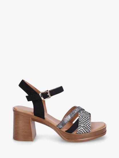 Sandales à talon à imprimé losanges - Noir - 1