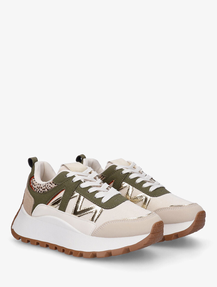 Sneakers à plateforme et bi-matière - Kaki - 4