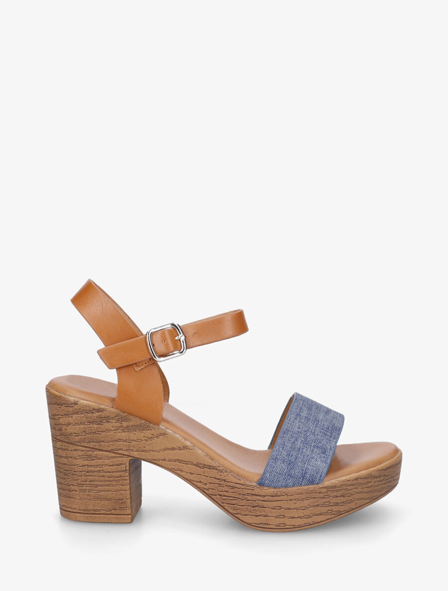 Sandales à talon haut en simili et tissu - Bleu denim - 1