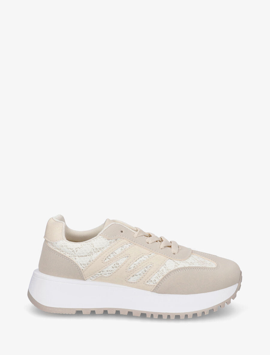 Baskets en simili et dentelle - Beige clair - 1