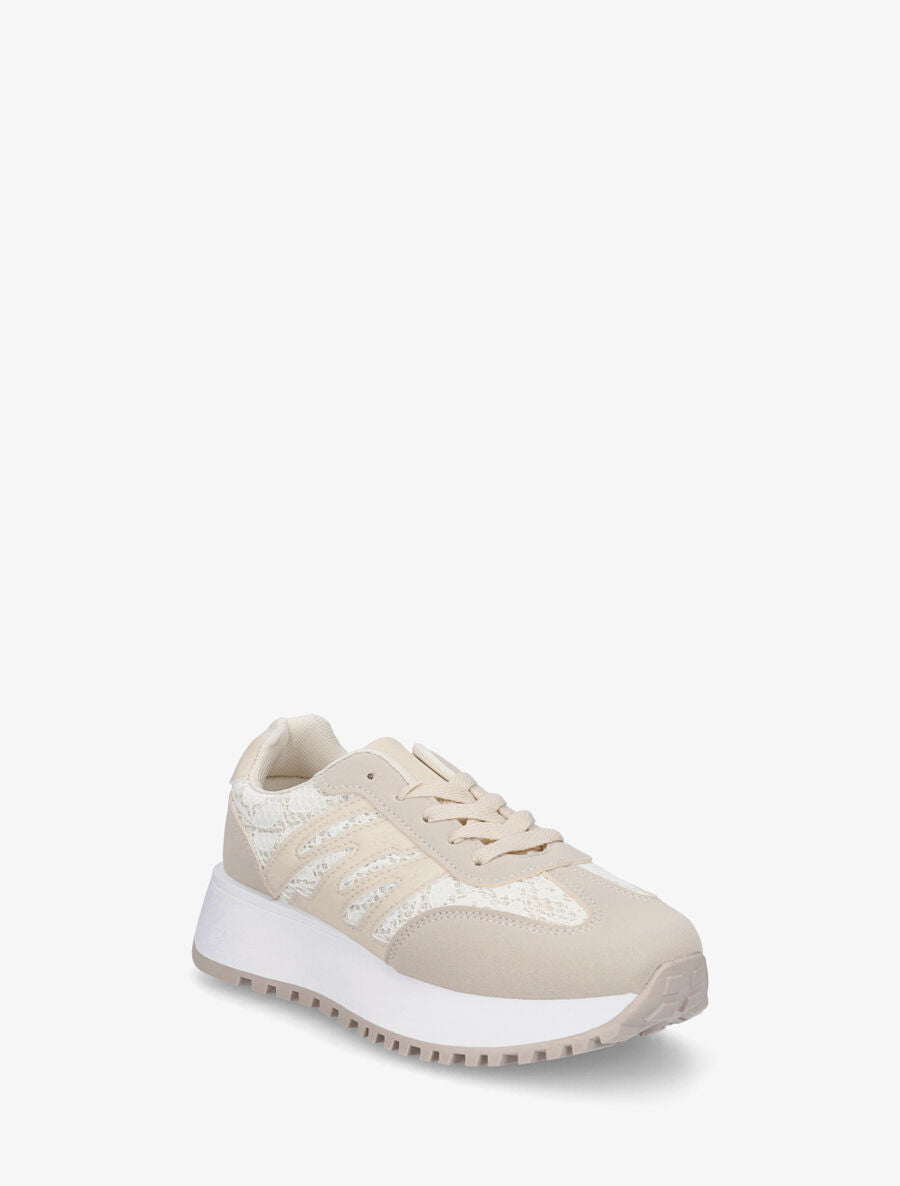 Baskets en simili et dentelle - Beige clair - 2