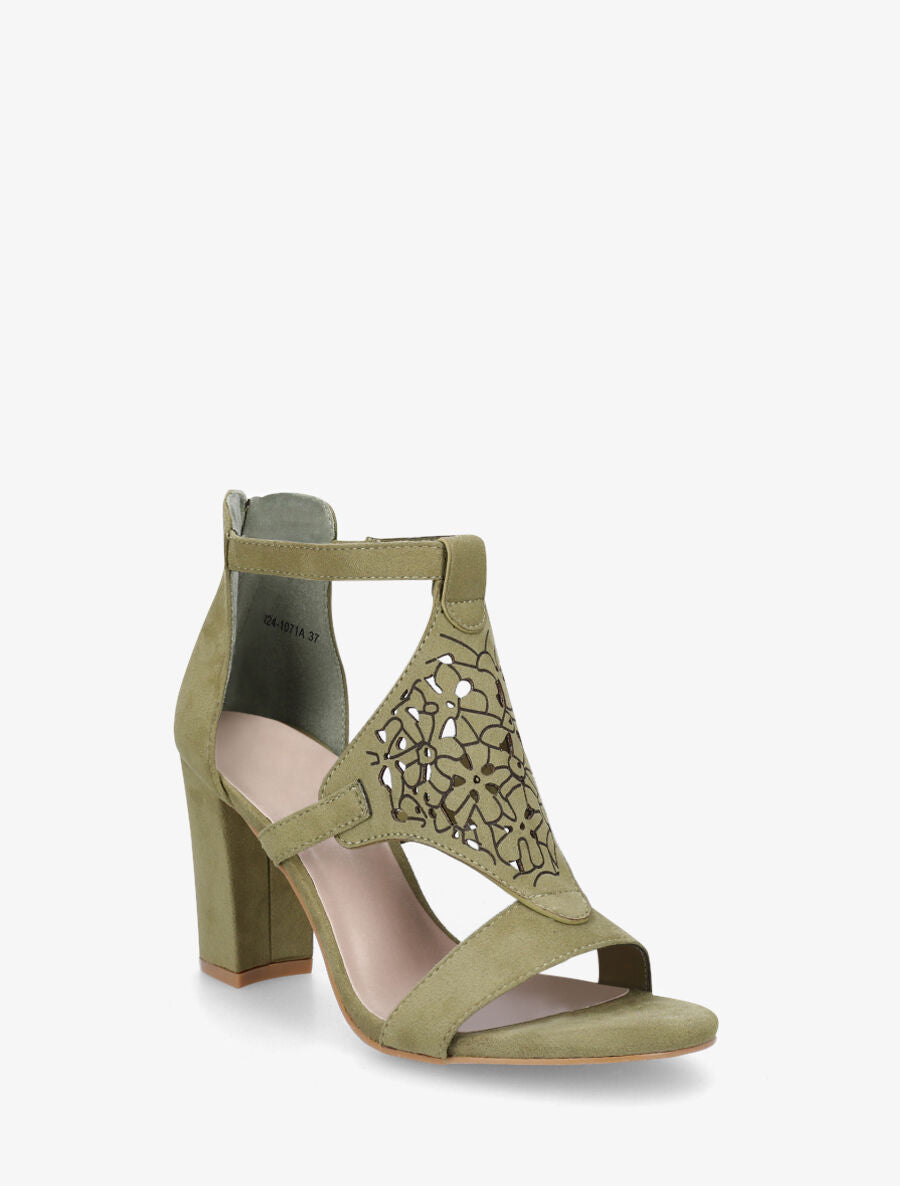 Sandales en suédine à claque piquetée motif fleuri - Kaki - 2