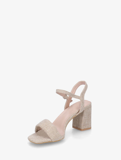 Sandales en tissu à talon carré - Beige - 3