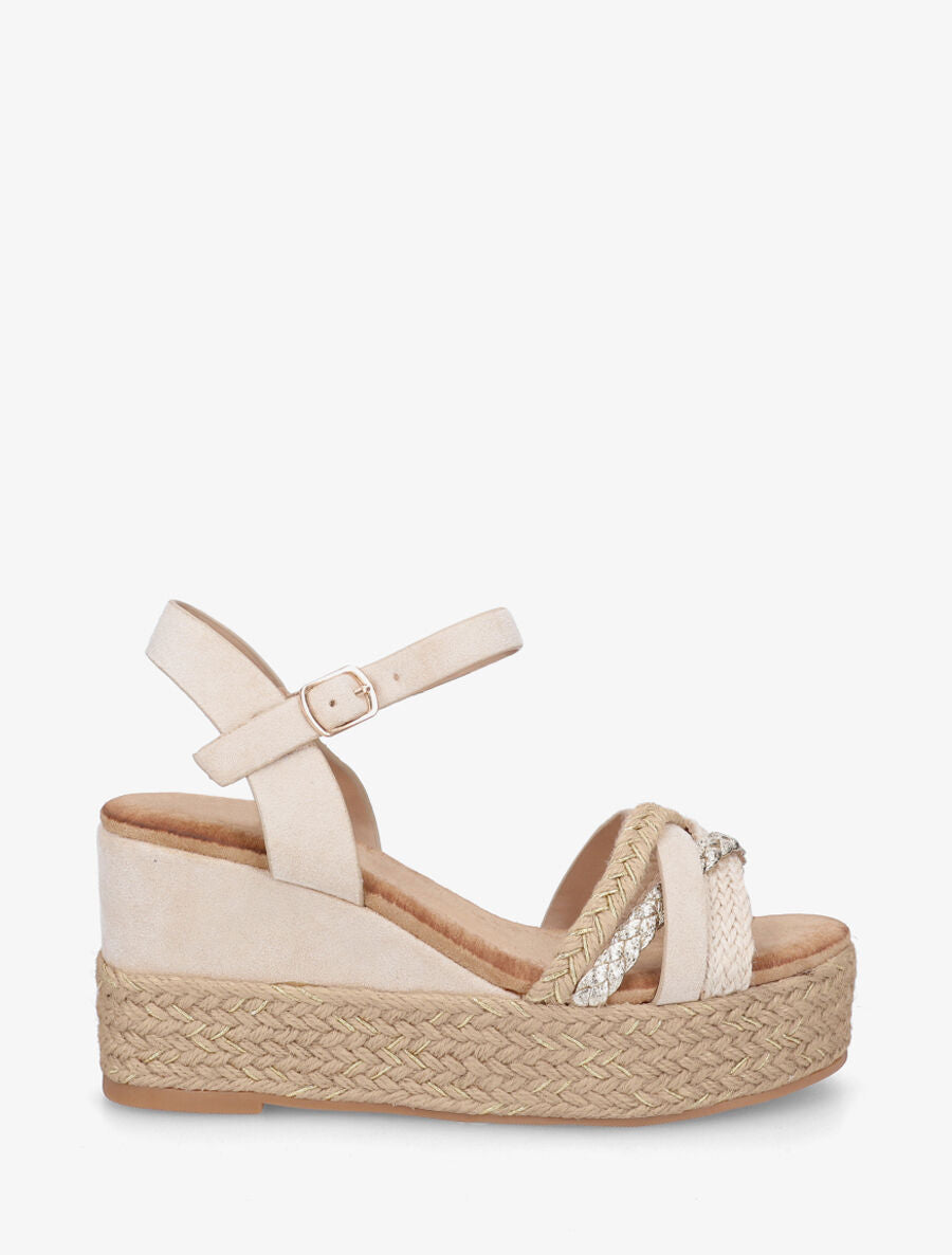 Sandales compensées en raphia et simili tressés - Beige - 1