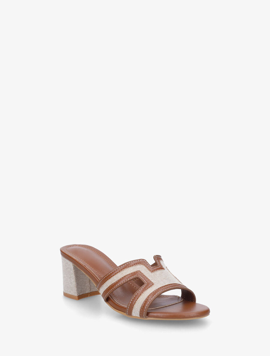 Mules en simili à motif damier - Camel - 2