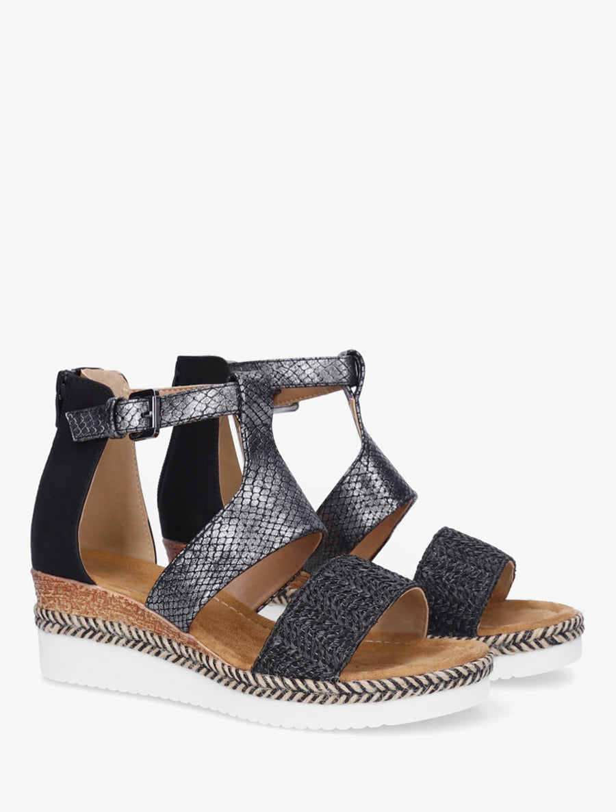 Textuur sleehak sandalen met python detail - Zwart