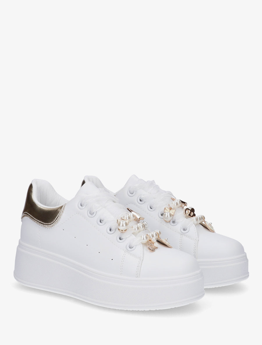 Sneakers à lacets en voile et empiècement bijoux - Or - 4