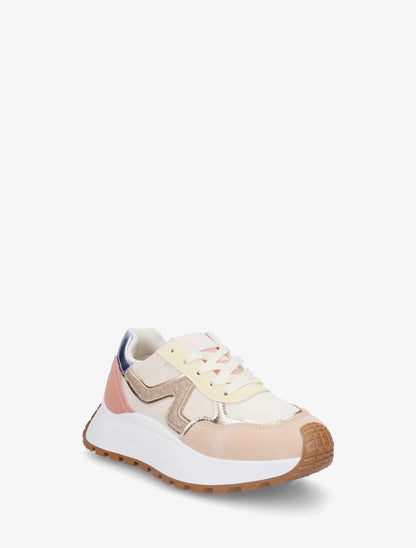 Sneakers en simili à détail irisé et contrefort contrastant - Beige - 2