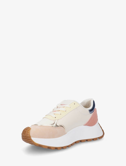 Sneakers en simili à détail irisé et contrefort contrastant - Beige - 3