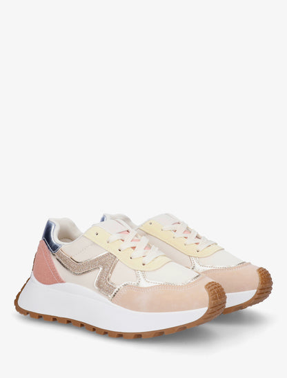 Sneakers en simili à détail irisé et contrefort contrastant - Beige - 4