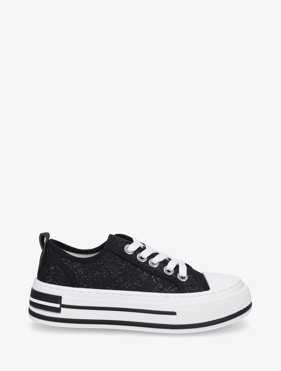 Sneakers en dentelle et pailleté - Noir - 1