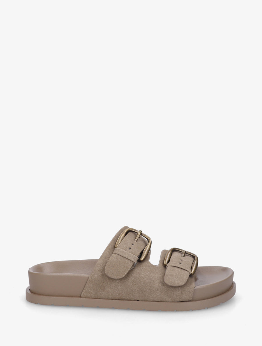 Claquettes en suédine à brides à boucle - Taupe - 1