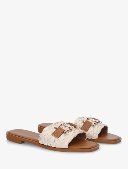 Mules plates en raphia à boucle fantaisie - Beige - 4