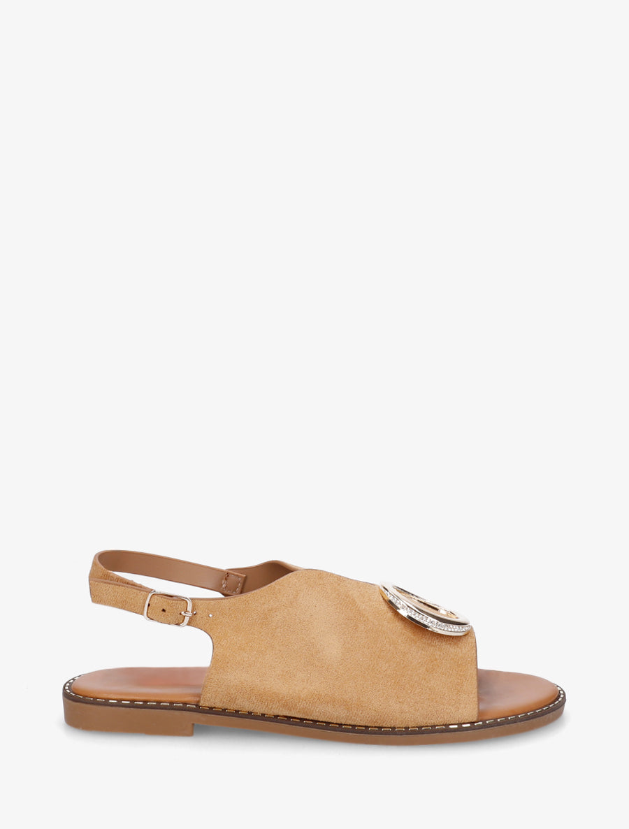 Nu-pieds en suédine à boucle à strass - Camel - 1