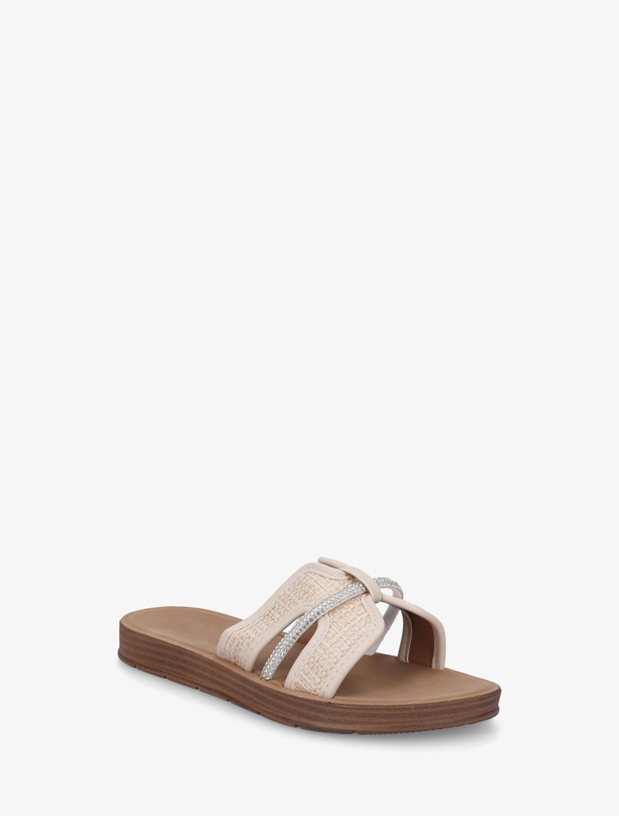Mules plates en simili et raphia à strass - Beige - 2