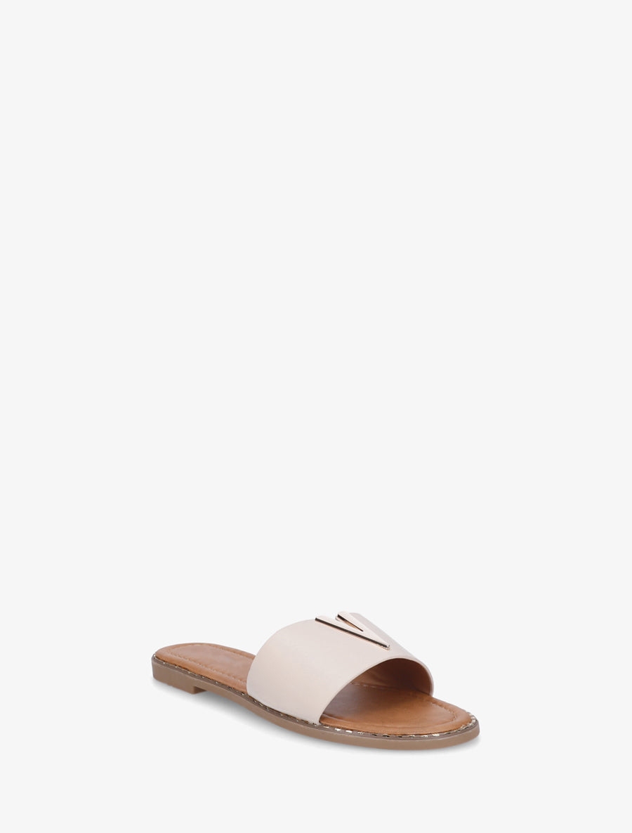 Claquettes en simili à empiècement bijou V - Beige - 2