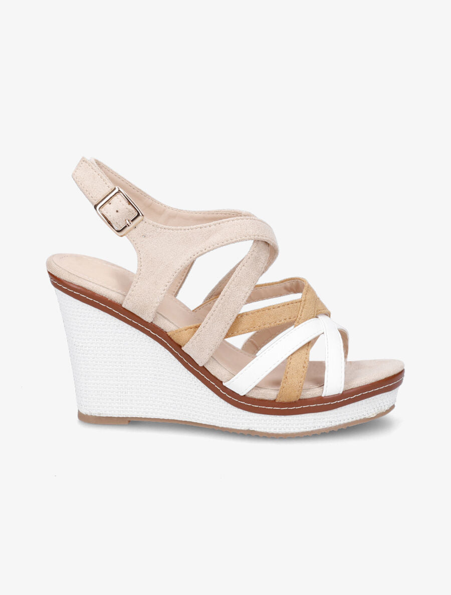 Sandales compensées en suédine et simili - Beige - 1