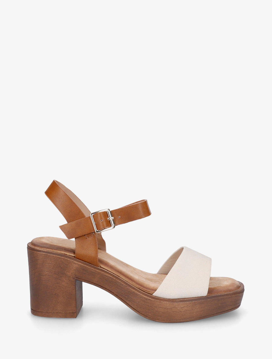 Sandales bi-matière à talon carré - Beige - 1
