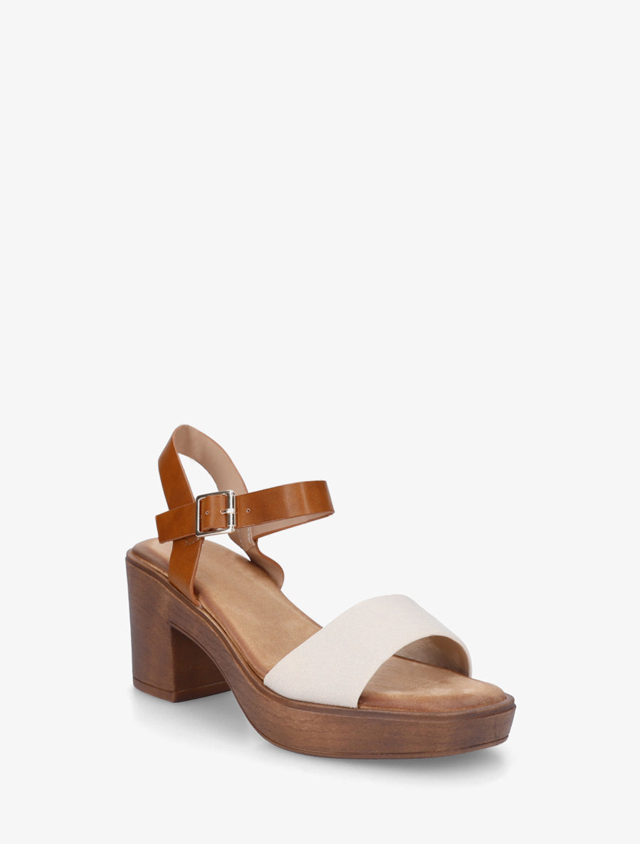 Sandales bi-matière à talon carré - Beige - 2