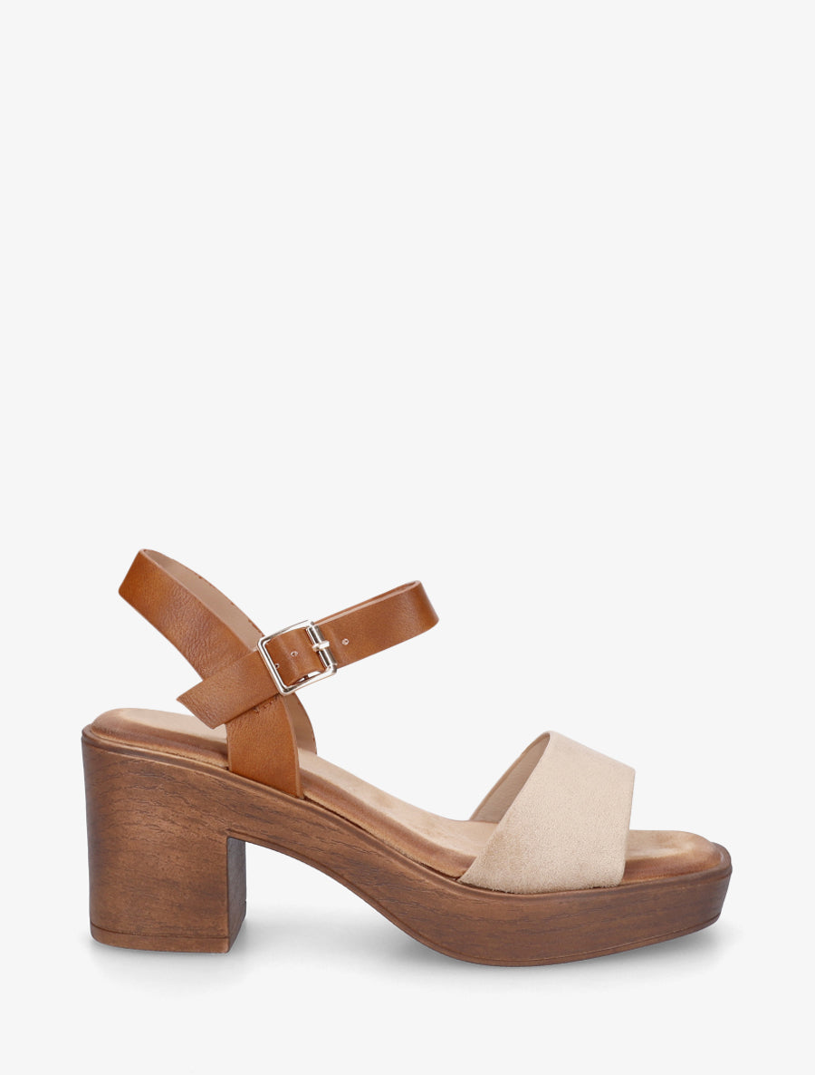 Sandales bi-matière à talon carré - Taupe clair - 1
