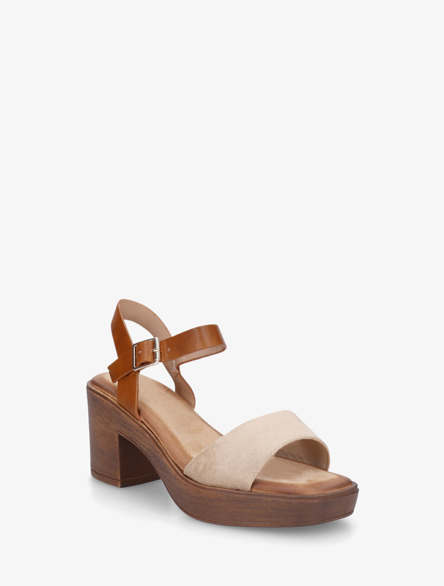Sandales bi-matière à talon carré - Taupe clair - 2