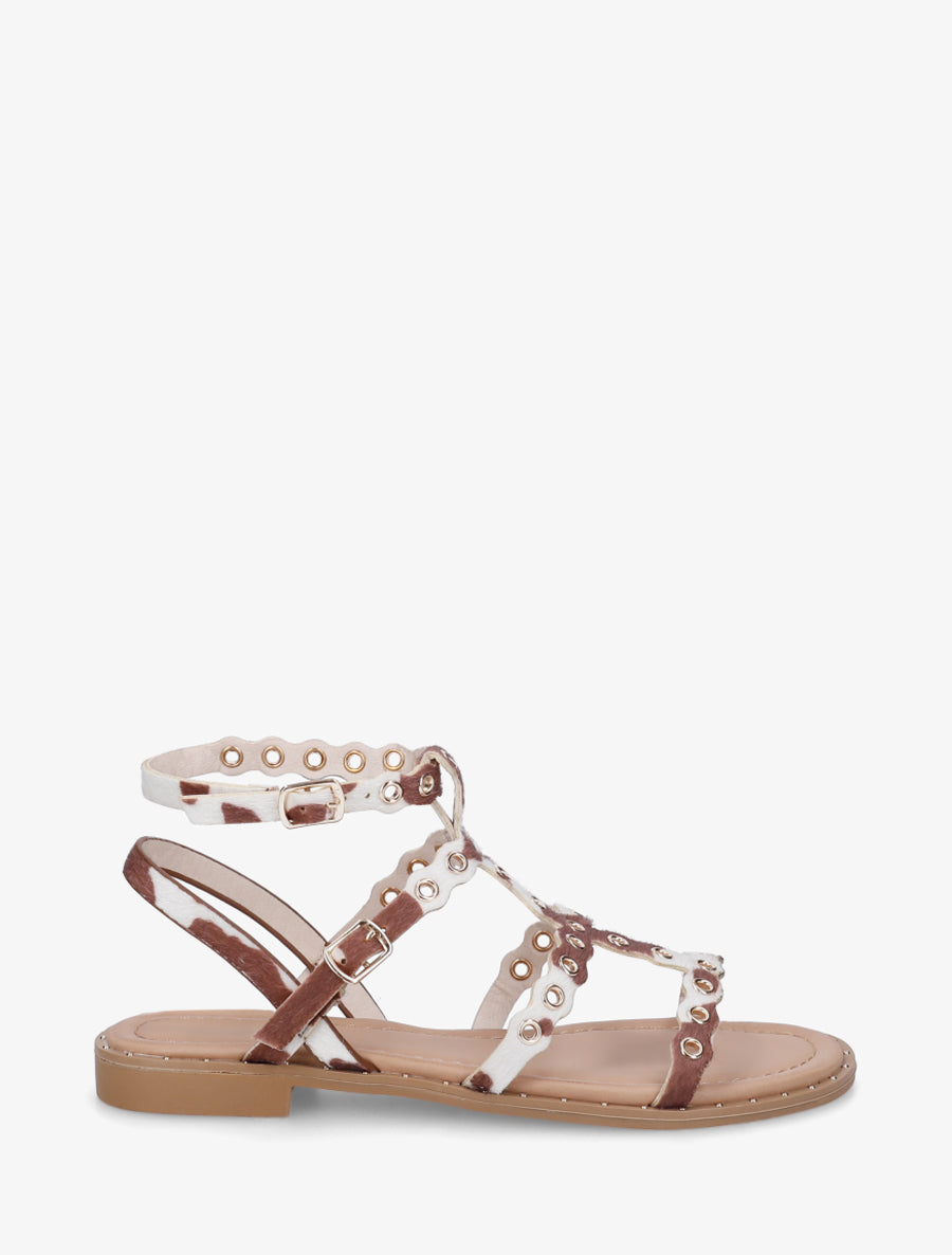 Nu-pieds style spartiates à oeillets motif vache - Marron - 1