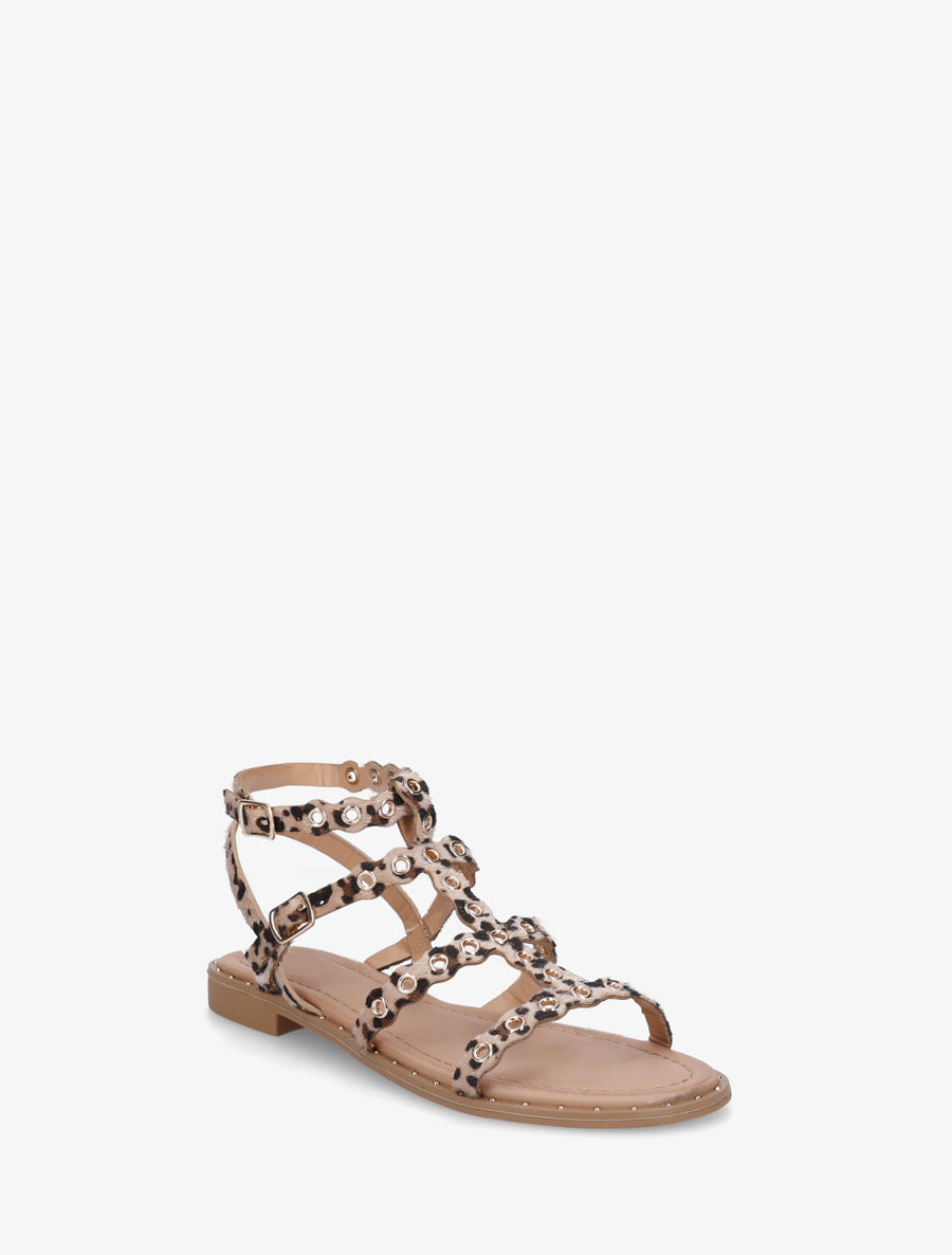 Nu-pieds style spartiates à oeillets motif léopard - Beige - 2