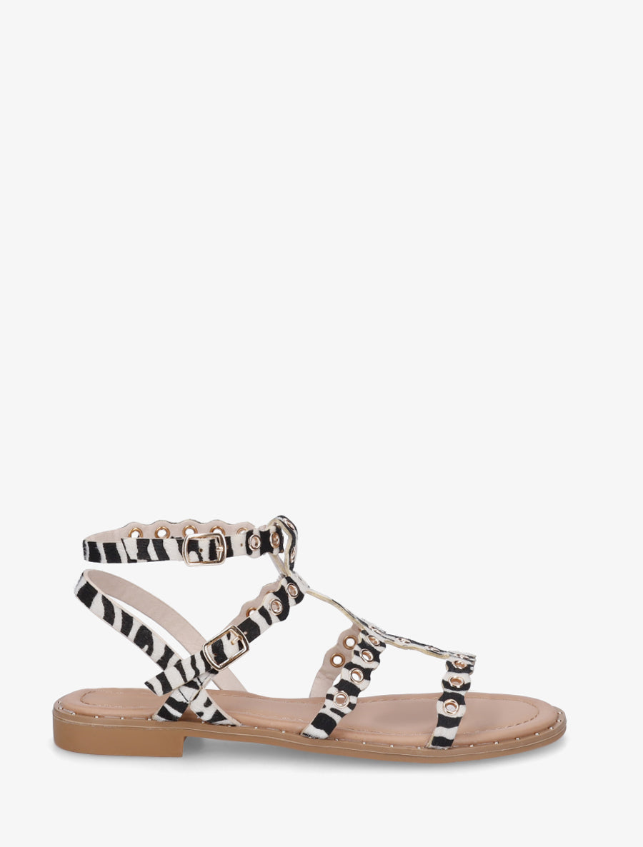 Nu-pieds style spartiates à oeillets motif zèbre - Noir/blanc - 1