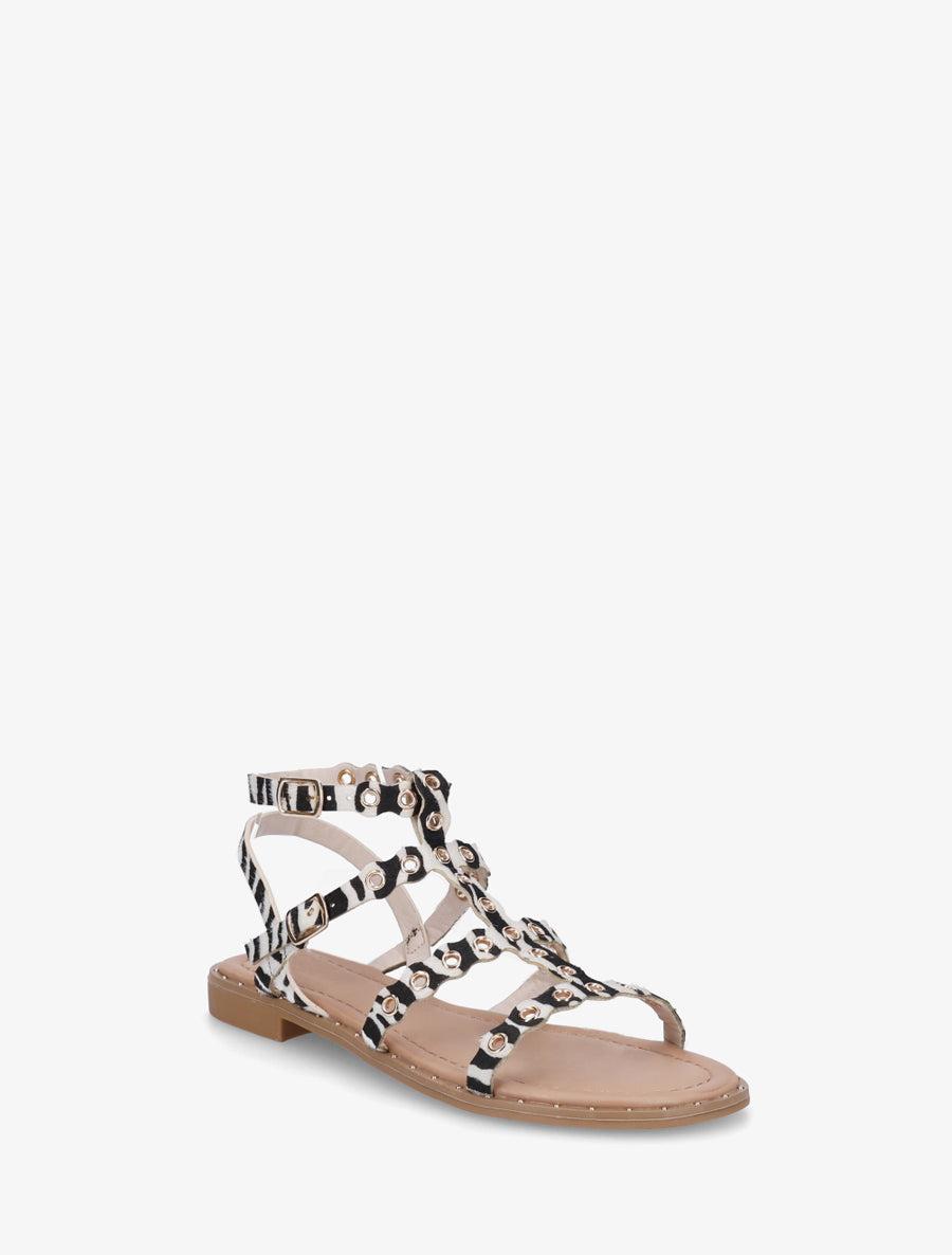 Nu-pieds style spartiates à oeillets motif zèbre - Noir/blanc - 2