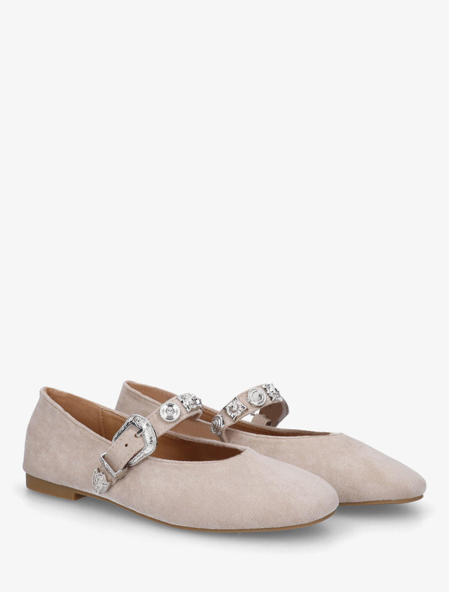 Ballerines en suédine à bride cloutée - Beige - 4