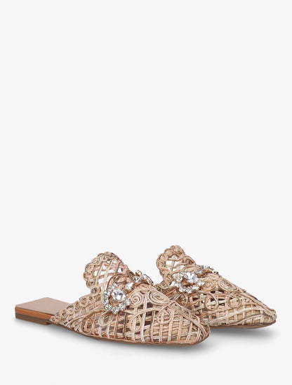 Mules en raphia à bijoux strassés - Beige rosé - 4