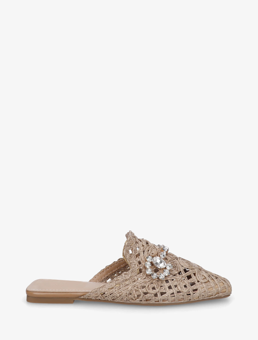 Mules en raphia à bijoux strassés - Taupe - 1