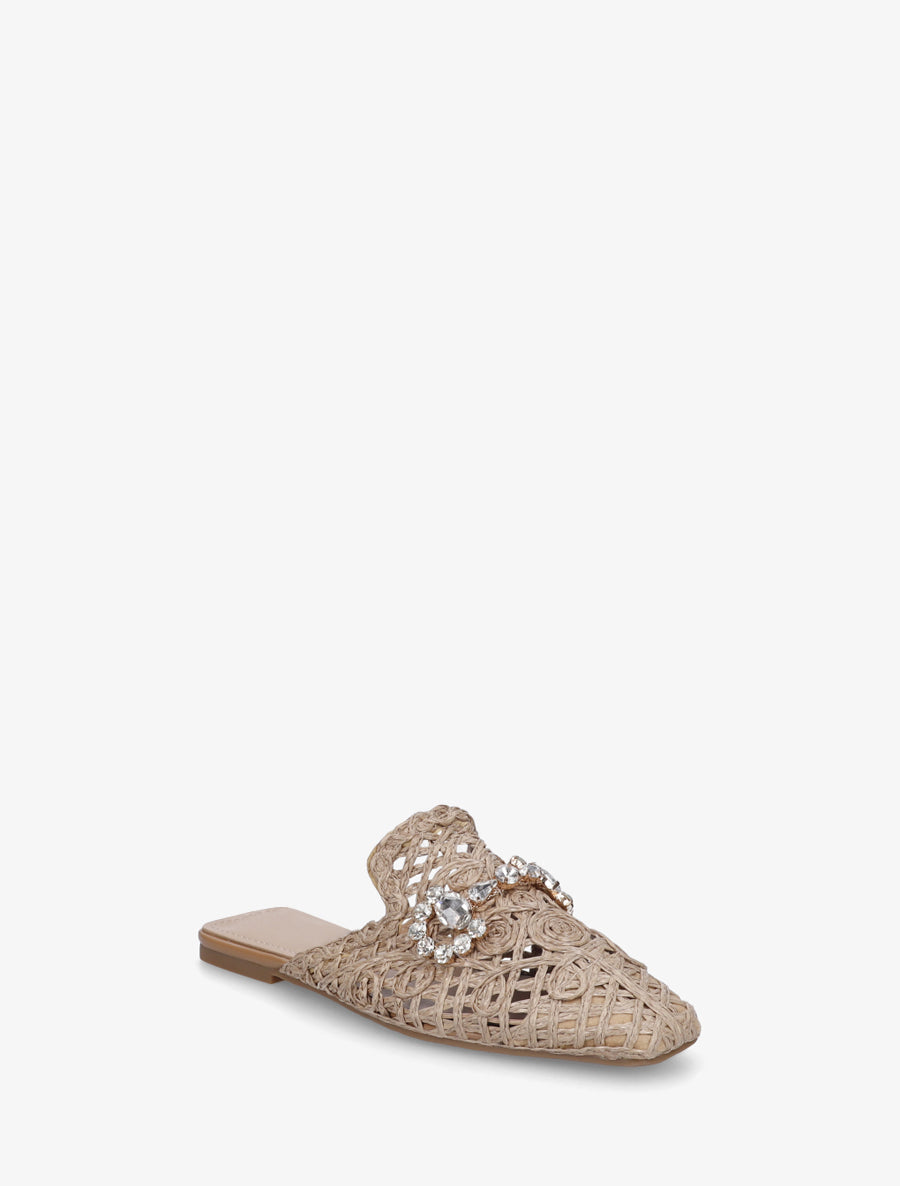 Mules en raphia à bijoux strassés - Taupe - 2